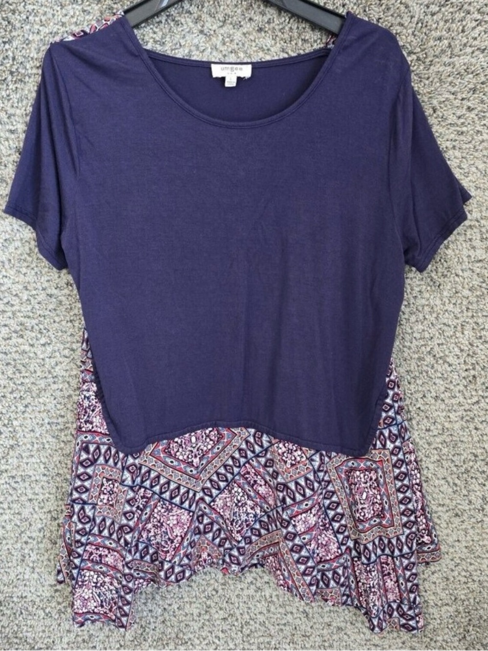 Umgee Navy Short Sleeve Top with Patterned Flared Hem
